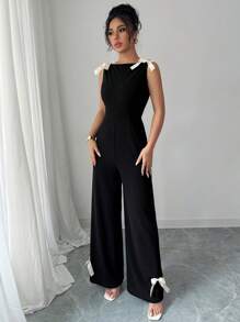 Rafferiza 女士优雅蝴蝶结腰部修身高腰连体裤 - 黑色 - 查看 4