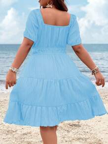 SHEIN Clasi Plus Size damska prosta prosta codzienna sukienka z krótkim rękawem, na Boże Narodzenie bordowy kolor damski strój - Jasnoniebieski - Zobacz 2