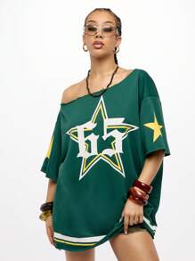 SUMWON WOMEN Oversized Sports Team Mini Dress Long T-Shirt Style Star Logo Design Off Shoulder Casual Street Style Distressed Hem Weekender Athletics Fan Apparel - Green - View 5