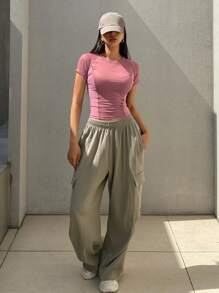 DAZY 女士时尚标语印花插肩袖短袖 T 恤 - 紫色 - 查看 2