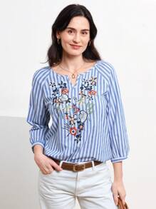 Miaspire 條紋圖案花卉刺繡缺口V領襯衫 - 彩色 - 查看 1