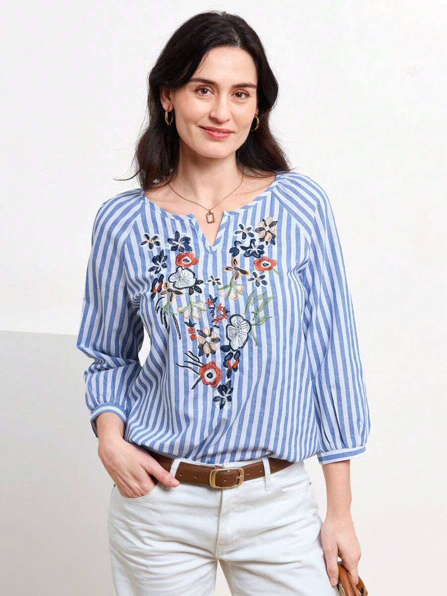 Miaspire 條紋圖案花卉刺繡缺口V領襯衫 - 彩色 - 查看 1