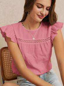 Poéselle 夏季度假婚礼季，精美的荷叶边纯色衬衫，夏季，可爱的上衣，优雅浪漫，波西米亚风，休闲风格，必备，夏季，婚礼季