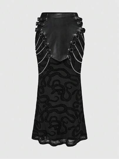 Goth Fashion Chain Decor Snake Skin Flocked Fishtail Skirt, Summer/ Summerouis /Summer Cothes,Summer Outfits For Women
