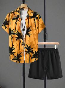 Manfinity RSRT Bộ 2 món áo sơ mi ngắn tay in hình cây cọ đi nghỉ mát dành cho nam và quần short, trang phục nhiệt đới thường ngày cho nam, trang phục ấm áp - Màu vàng - Xem 4