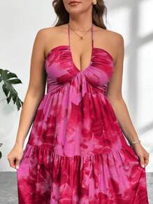 Firerie Plus Size Women Tie-Dye Print Ruffle Hem Halter Neck Dress, Vacation Style Spring To Summer - Hot Pink - View 2