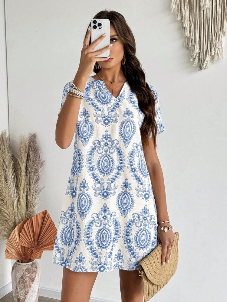 Women's V-Neck Short Sleeve Casual Dress, Suitable For Summer