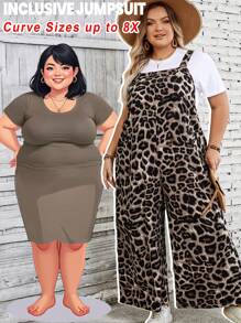 SHEIN CURVE+ Plus Size Leopard Print Jumpsuit, Simple And Fashionable, Suitable For Summer Boho Vacation - Brown - View 3