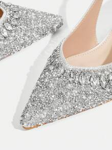 CUCCOO TILAWA Silver Toe Open Pointed-Toe Rhinestone Satin Wedding Heels For Women For Christmas - Silver - View 9