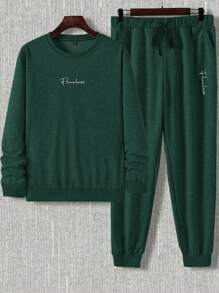 EURMUSE Bộ quần nỉ hai mảnh in chữ cotton và quần nỉ có túi xéo cho nam - Màu xanh lá cây đậm - Xem 2