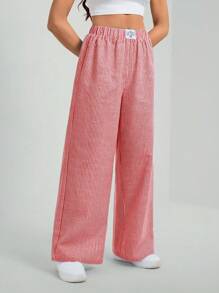 SHEIN Tall Women's Red Vertical Striped Casual Long Pants With Pockets: Semi-Sheer Woven Fabric For A Stylish, Breezy Look - Red - View 3