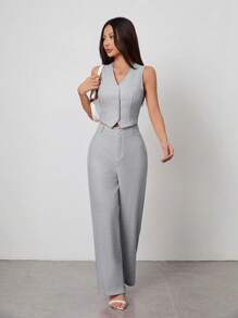 SHEIN PETITE 粉色西装背心上衣、直筒长裤、女士优雅西装套装 - 灰色 - 查看 3