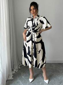 Elenzga 休闲大码衬衫领短袖印花连衣裙