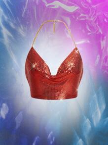 Music Festival Women's Metal Chain Embellished Sexy Backless Top - Red - View 2