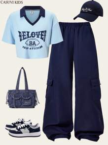 SHEIN Explorewe 1 套青少年女孩复古针织短袖衬衫和工装裤套装，休闲搭配服装，新品上市 - 藏蓝色 - 查看 4