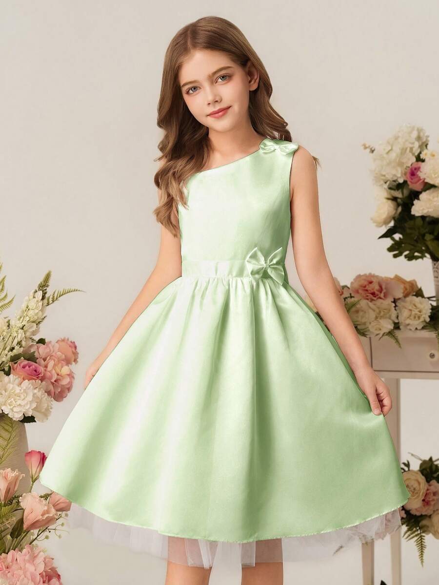Tween Girl 优雅奢华不对称领口白色蝴蝶结网眼派对礼服,适合情人节礼物、派对、婚礼、花童、表演等场合 - 綠色 - 查看 1