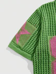 ROMWE MEN Prep Atasan Pria Jersey Gaya Jalanan Motif Jacquard Digital Berongga Lengan Pendek - Hijau - View 3