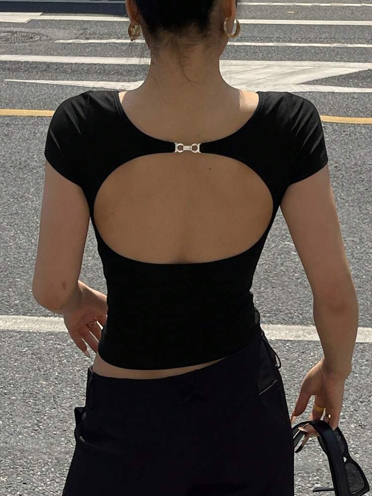 Women's Solid Color Backless Short Sleeve T-Shirt, Minimalist Fashion For Summer,Halter Top Vacation