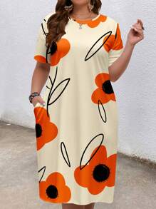 Mellowie Gaun Musim Panas Motif Bunga Blok Warna Ukuran Besar Gaya Boho Cocok untuk Pergi Keluar, Gaun Chic - Jeruk - View 6