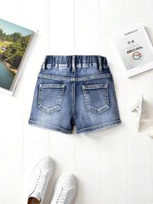 Young Girls Cute Vintage Style Washed Denim Elastic Skinny Soft Comfortable Versatile Casual Girl's Denim Shorts - Medium Wash - View 2