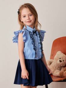 PrepCrw Young Girls Spring/Summer Gingham Sleeveless Shirt With Ruffle Detail And Pleated Skirt Coordinated Set - Multicolor - View 7