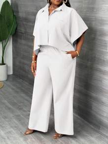 Slaydiva 2 件套大码女式纯色衬衫和裤子，优雅、日常和通勤 - 白色 - 查看 7