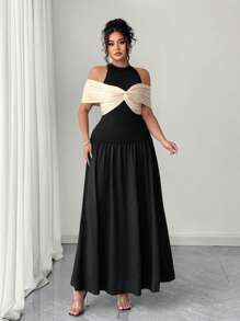 Elenzga 大码女式拼色露肩迷你连衣裙，时尚，适合夏季 - 黑色 - 查看 4