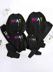 Bộ 2 chiếc/Bộ áo nỉ cổ tròn in chữ nhiều màu cho bé trai và quần nỉ, trang phục gia đình đồng bộ, mẹ và bé (4 bộ bán riêng) - màu đen - Xem 6