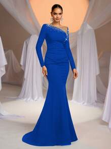 Aureia Elegant Luxurious Rhinestone & Bubble Bead Design Long Sleeve Ruched Mermaid Maxi Dress, Suitable For Wedding, Party, Dating, Ball Gown, Evening Dress (High-End), Formal, For Wedding Guest - Royal Blue - View 2
