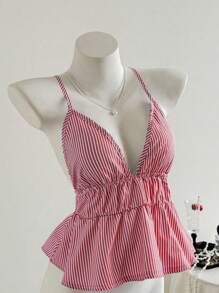 Elamini Camiseta de tirantes con volantes en el bajo a rayas para mujer - Rojo - Ver 5