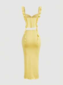 SHEIN MOD Women Yellow Ruffle Tie Strap Top And Skirt Set,Vacation Outfits Women,Concert Outfit Women,Western Wear Women