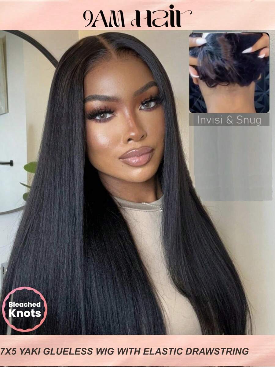 Bye Bye Knots 假发 7x5 无胶蕾丝黑色 Yaki 直发假发带弹性拉绳 360 度舒适拥抱预剪预漂白预拔升级 3.0 更精致的外观自然贴身 100% 真人发质女士假发 - SNatural - 查看 1