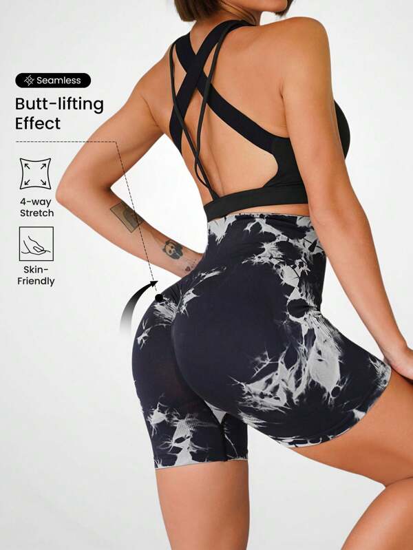 Seamluxe SHEIN Sport Pantaloni scurți pentru sport, cu bandă largă, cu vopsea în talie, Pantaloni scurți elastici, Pantaloni scurți pentru transpirație, pentru gimnastică, pentru motocicliști