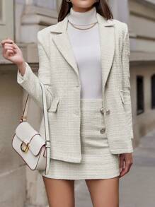 EURMUSE Lapel Neck Single Breasted Blazer & Skirt - Beige - View 1
