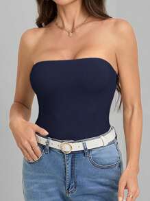 SHEIN Tall Women's Casual Navy Blue Strapless Bodysuit: A Sleek And Versatile Sleeveless Backless Design For Effortless Everyday Style - Navy Blue - View 7