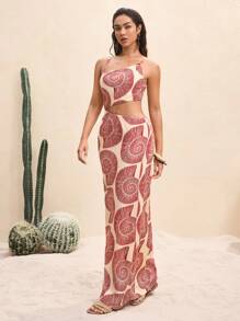 BY FELIZIA 女式复古假日印花镂空环腰高性感开衩长裙夏季海边度假沙滩装性感长裙 - 彩色 - 查看 5