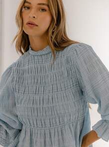 Aralina Boho Chic Shirred Long Sleeve Dobby Blouse - Dusty Blue - View 3