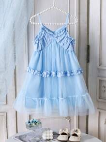 SHEIN Genkimix Girls Fashion Spaghetti Strap Frill Trim Mesh Princess Dress, Suitable For Birthday Party,Banquet,Gift, Summer - Blue - View 1