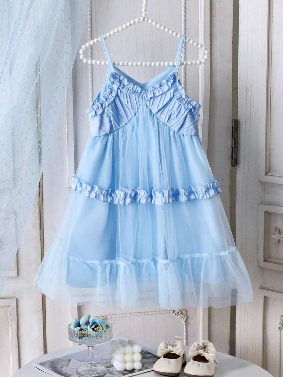 SHEIN Genkimix Girls Fashion Spaghetti Strap Frill Trim Mesh Princess Dress, Suitable For Birthday Party,Banquet,Gift, Summer - Blue - View 1