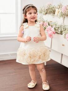 可爱优雅的杏色花朵蝴蝶结无袖女婴连衣裙 - 杏色 - 查看 14