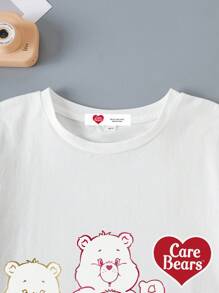 SHEIN X Care Bears Tween Girls White Satin Short Sleeve T-Shirt With Round Neck And Regular Hem Featuring A Cute Graphic Perfect For Everyday Wear - White - View 5