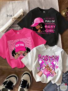 SHEIN Leap Crew 3pcs/Pack Tween Girls Casual Minimalist Cartoon Graphic Multiple T-Shirts, Suitable For Summer Season - Multicolor - View 1