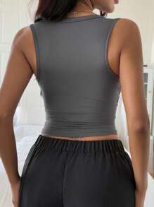 DAZY Minimalist Versatile Waist Pleated Arched Hem Square Neck Cami Top With Built-In Padding For Women - Grey - View 2