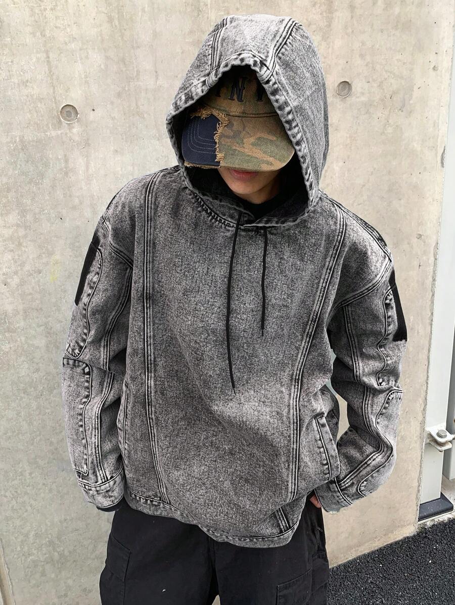 Manfinity EMRG Men's Casual Everyday Washed Loose Drop Shoulder Hooded Denim Jacket