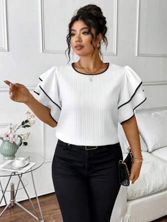 Elenzga Plus Size Black & White Contrasting Ruffle Trim Short Sleeve Blouse