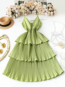 SHEIN LUNE Váy xếp ly nhiều lớp, dây lưng nhún bèo cỡ lớn cho nữ - màu xanh lá - Xem 1