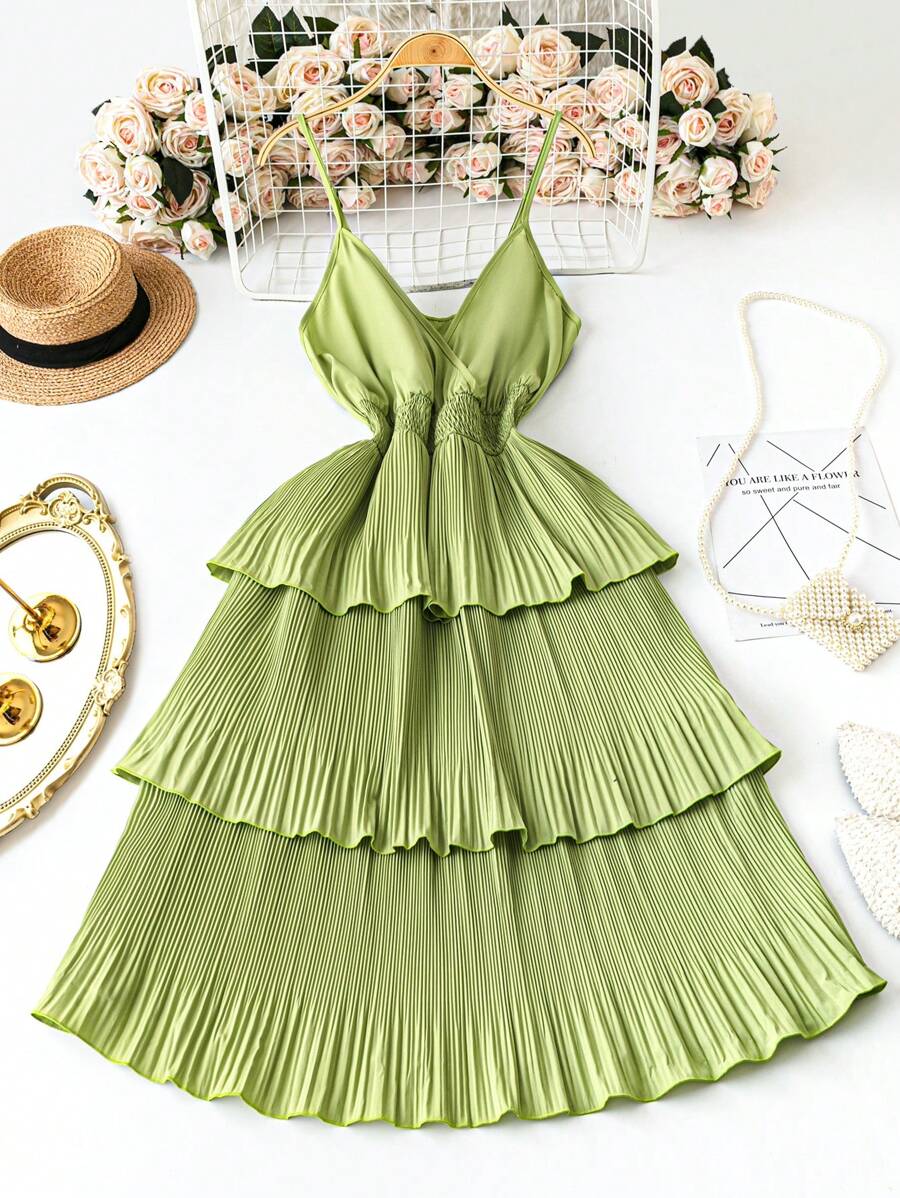 SHEIN LUNE Váy xếp ly nhiều lớp, dây lưng nhún bèo cỡ lớn cho nữ - màu xanh lá - Xem 1