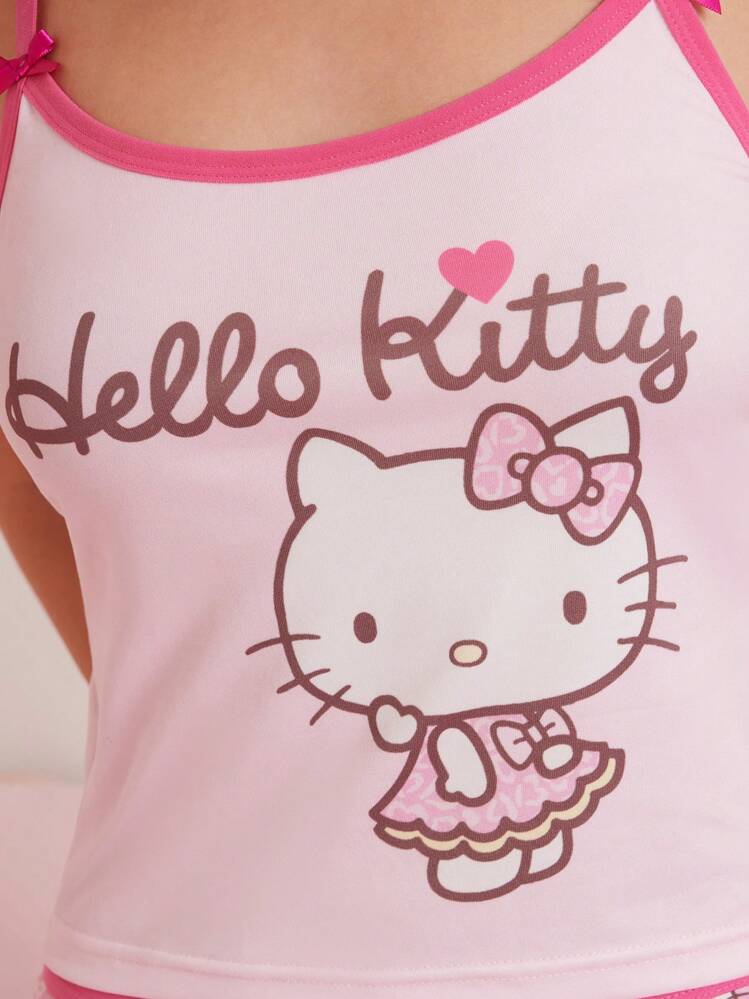 HELLO KITTY AND FRIENDS | SHEIN 女士粉色可爱卡通猫和豹纹吊带背心上衣和短裤套装，女士两件套服装，柔软舒适 - 粉色 - 查看 3
