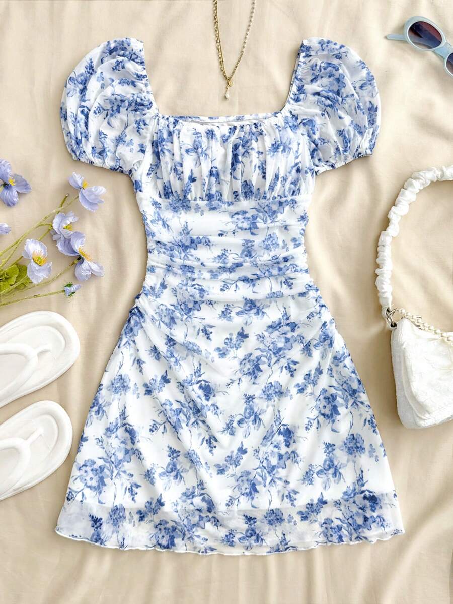 SHEIN Teen Girls Spring& Summer/Valentine Day/Dreamara Blue & White Floraldress/Vacation/Holiday/Vintage//Beach/Sea/Elegant/Dresses For Girl/Bohemia/Boho Clothing/Sun Dresses For Girls Holiday Outfits - Blue and White - View 1
