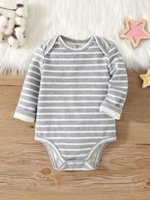 SHEIN Newborn Baby Gray Fleece Ribbed & Ribbed Bodysuit, Soft & Warm All-In-One Outfit For Boys & Girls, Casual Wear For Indoor & Outdoor - Grey - View 8
